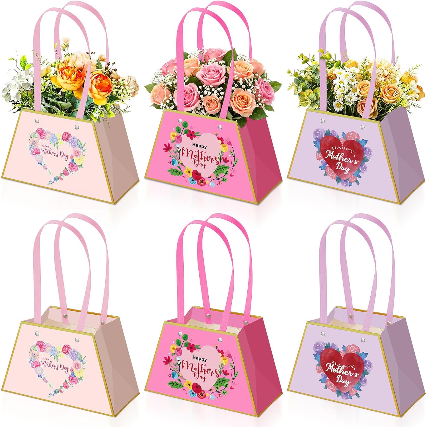 Tinlade 12 Pcs Mother's Day Flower Boxes for Arrangements with Handle Pink and Gold Mom Floral Bouquet Gift Bag Holder Waterproof Envelope Box for Florist Wedding Anniversary Birthday Decor