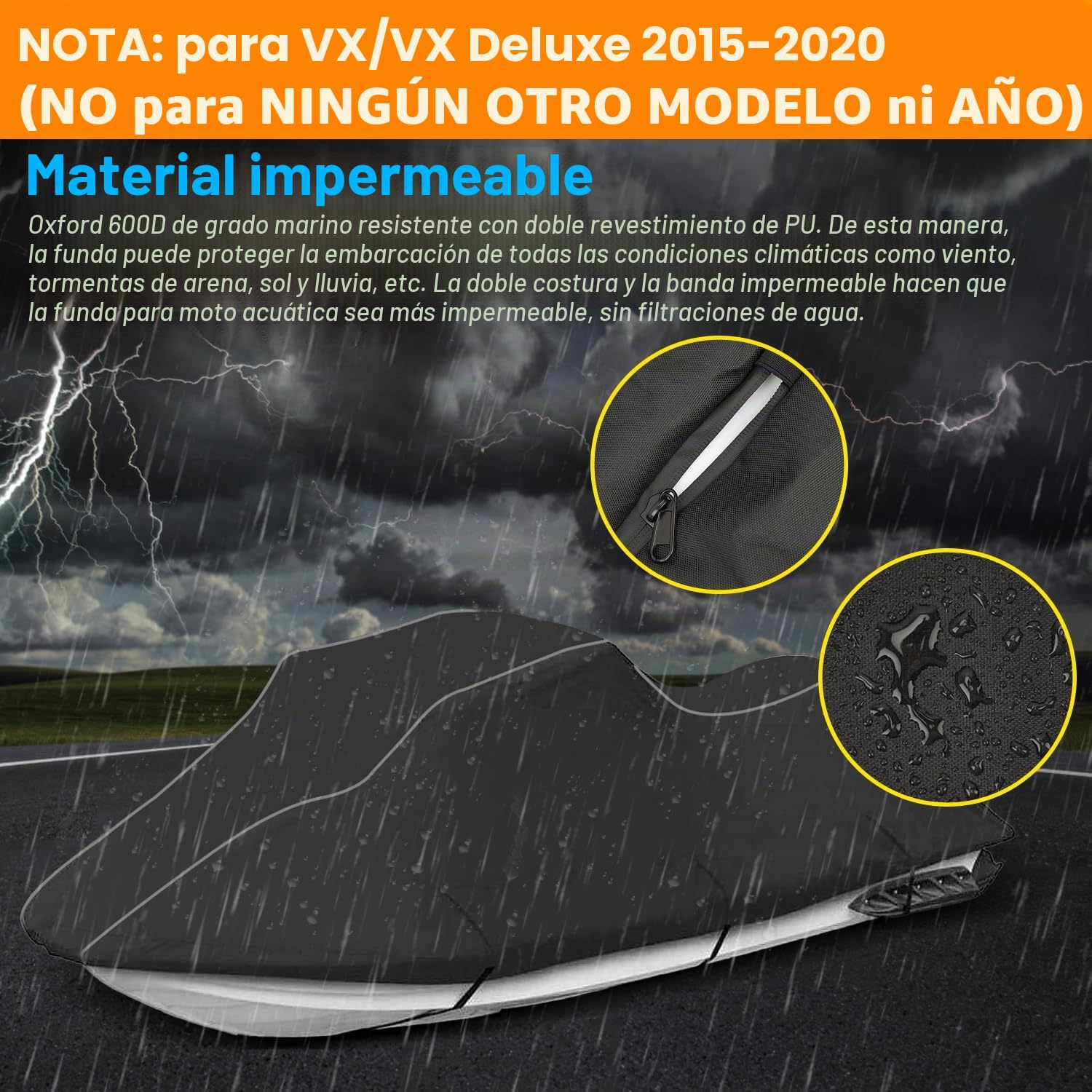 Funda para Remolque de Moto acuática Yamaha VX/VX Deluxe 2015-2020 con Cremallera Impermeable, Oxford 600D, Poliuretano Impermeable, a Prueba de Rayos UV, para Moto acuática Waverunner