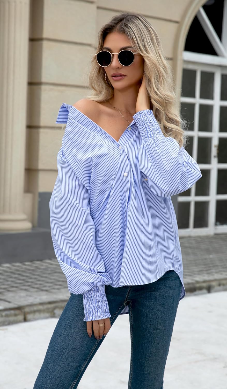 OMSJ Women’s Striped Button Down Shirts Smocked Cuffed Sleeve Stylish Collared Office Work Blouses with Pocket - Image 3