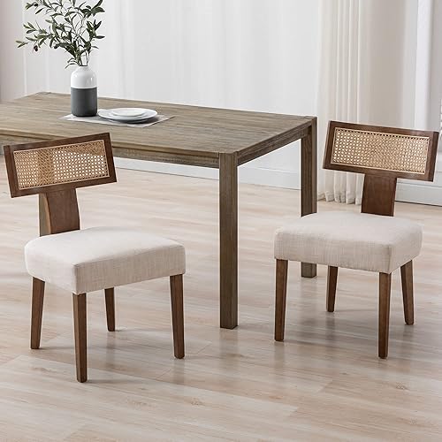 Miniatura 2 de VESCASA Sillas de comedor tapizadas de lino con patas de madera natural, sillas de comedor acolchadas con respaldo abierto curvado de ratán para