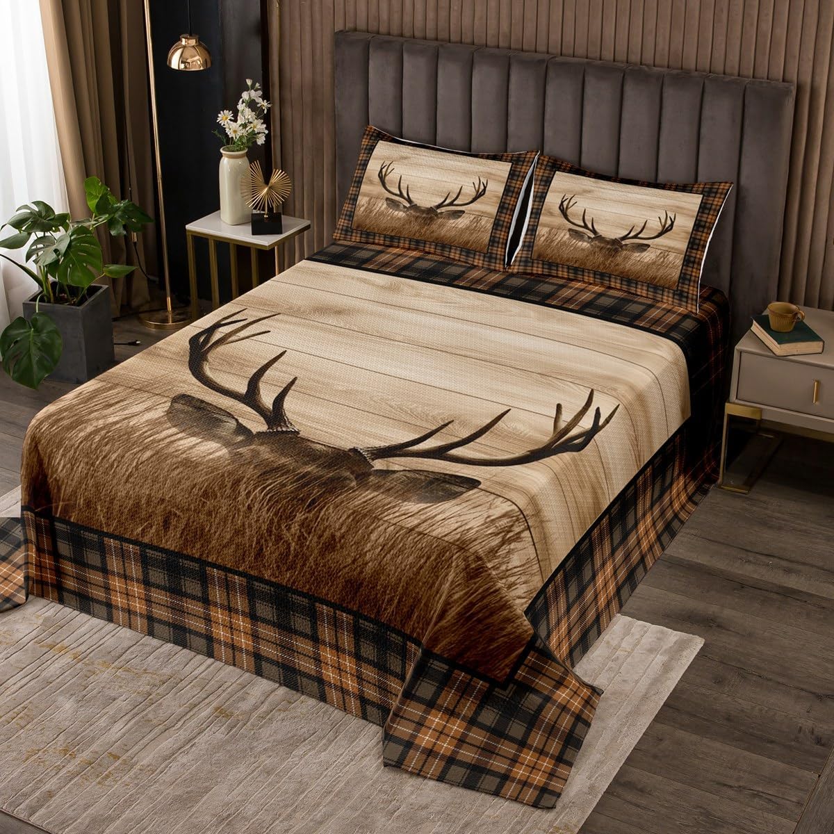 Castle Fairy Bear Print Bedspread King Size for Adult Women,Wild Animal Hunt Pine Trees Retro Quilt Set with 2 Pillowcases,Rustic Grid Plaid Cabin Decor Decor Bedding Quilted,Breathable