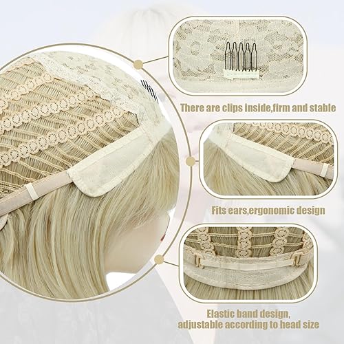 Miniatura 2 de BECUS Peluca corta de 10 pulgadas con flequillo, pelucas sintéticas rectas resistentes al calor para mujer, linda rubio ceniza oscuro mezclado con