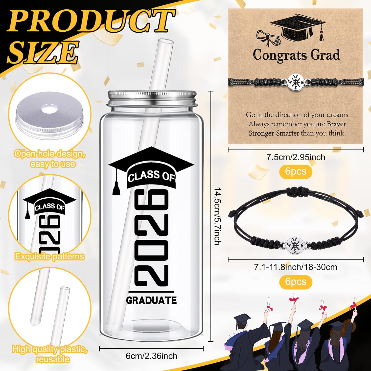 Glenmal Black Gold 30 Pcs Graduation Gifts Bulk Congrats Grad Gift Bag with Tissue Paper Class of 2026 Plastic Tumbler with Straw Inspirational Spiral Notebook Pen Bracelet Card for Grad Party Favor