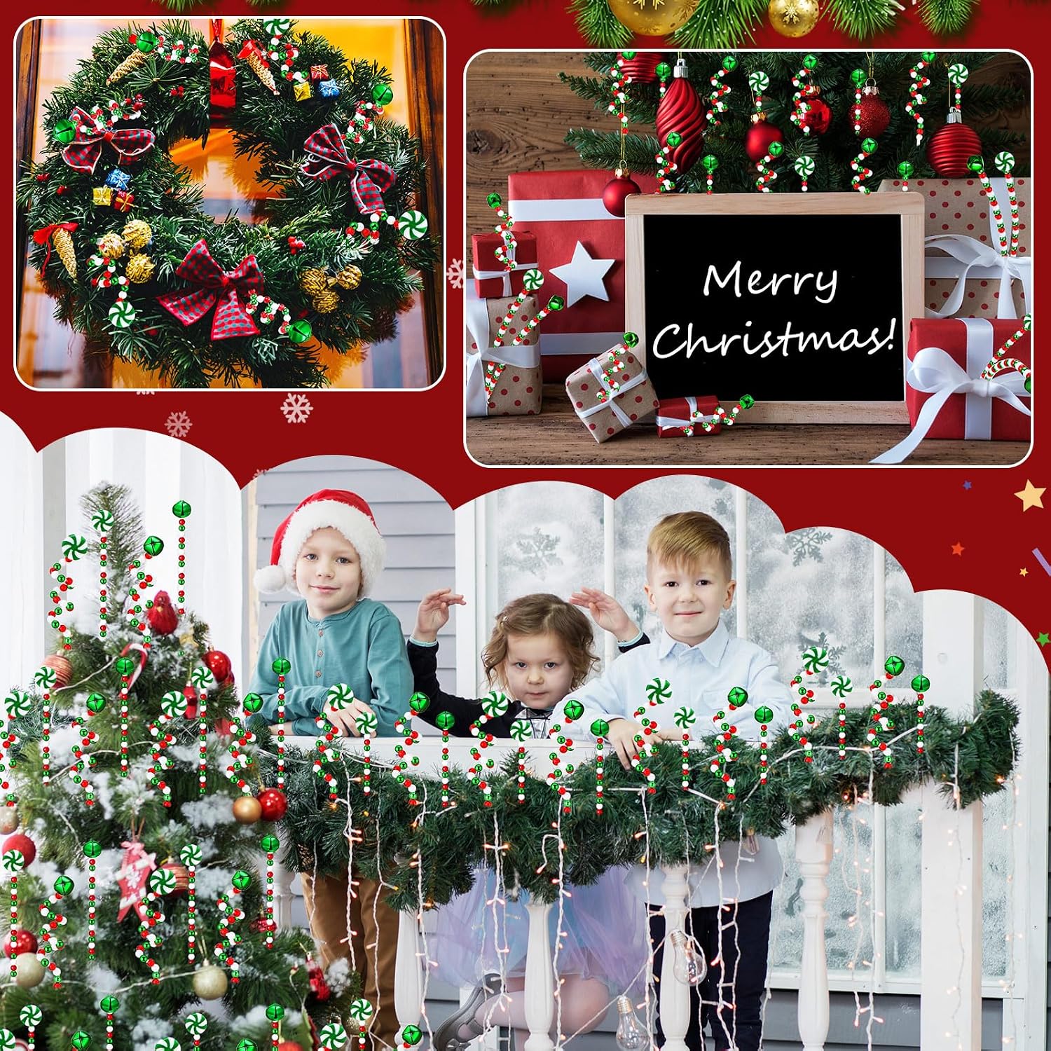 Liliful 40 Pcs Christmas Candy Cane Hanging Ornament Christmas Tree Curly Picks Twisted Lollipop Peppermint Strips and Bells Strips Candy Cane Decor for Xmas Tree Topper Party(Green, White)
