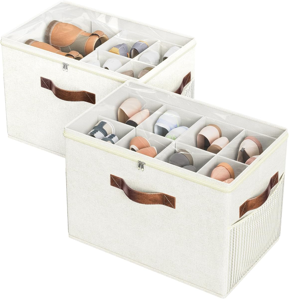 Paquete de 2 organizadores de zapatos para armario, almacenamiento de zapatos plegable con ajustable | Caja organizadora de almacenamiento de zapatos Farbic con cubierta transparente, se adapta a hasta 16 pares, caja de almacenamiento de zapatos para armario, entrada, beige