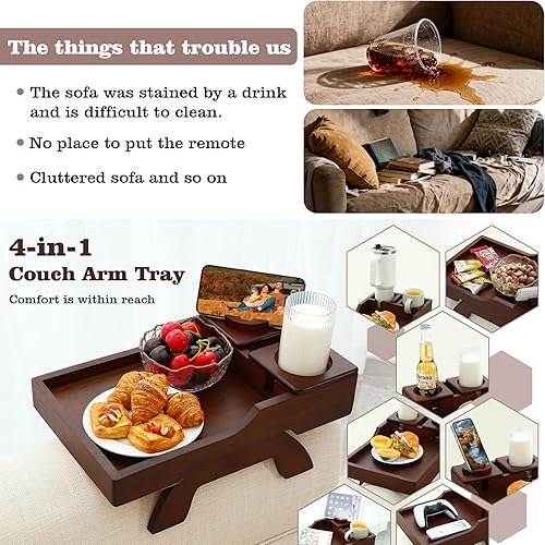 Miniatura 2 de Bandeja Portavasos para Sofá, 15.4"x9.9" Mesa Grande 4 en 1 para Reposabrazos de Sofá con Soporte para Teléfono Rotatorio 360°, Mesa Lateral