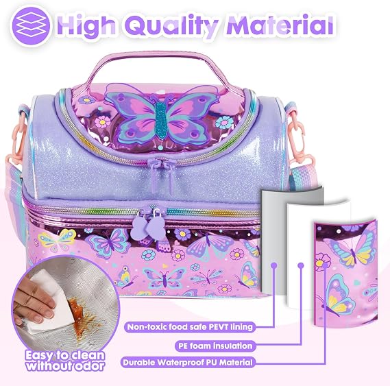 PinkSheep Kids Double Decker Cooler Insulated Lunch Bag Large Tote for Boys, Girls, Men, Women, with Adjustable Strap, Unicorn (Purple Butterfly)