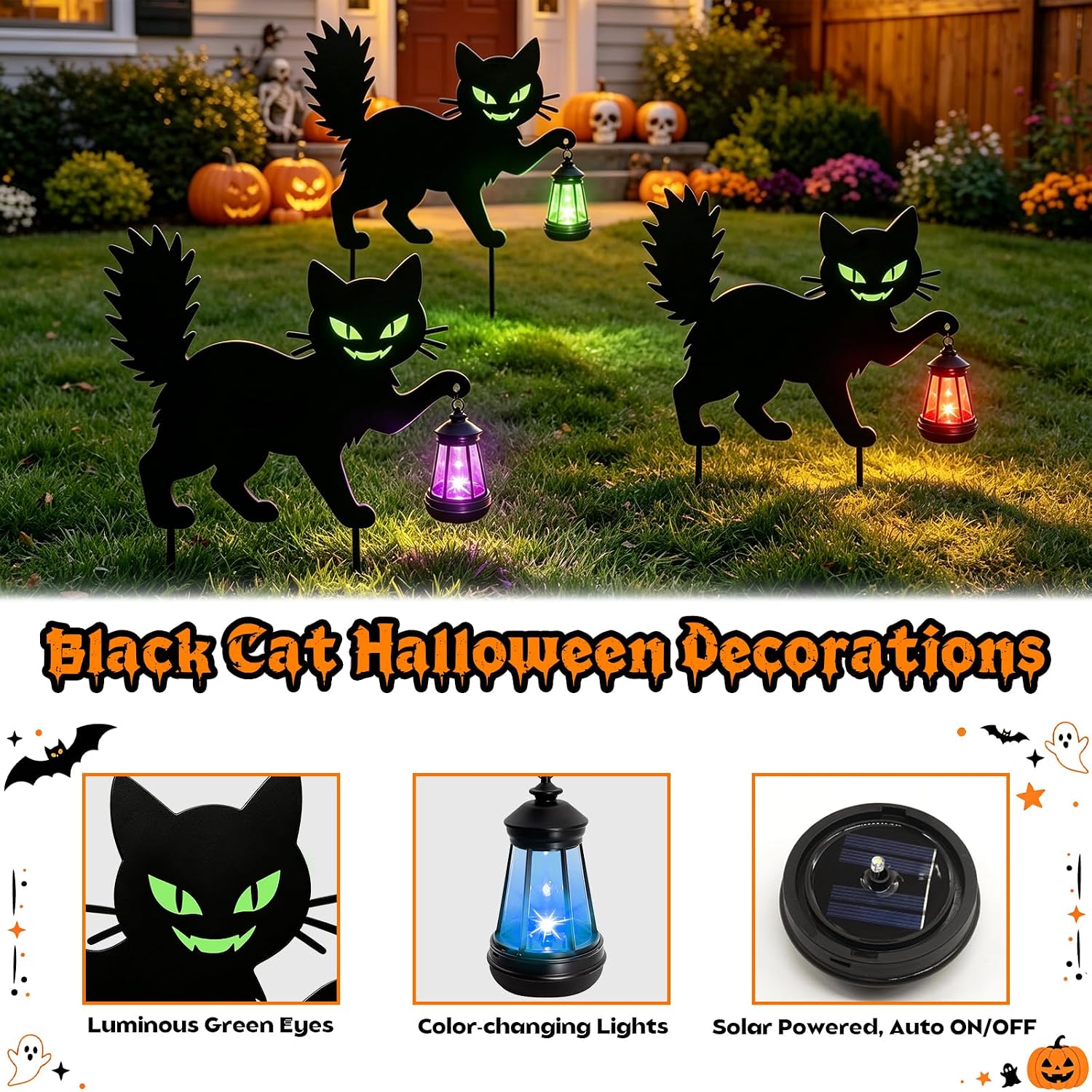 Black Cat Halloween Decorations Outdoor, Solar Hanging Lantern Garden Decor image 3