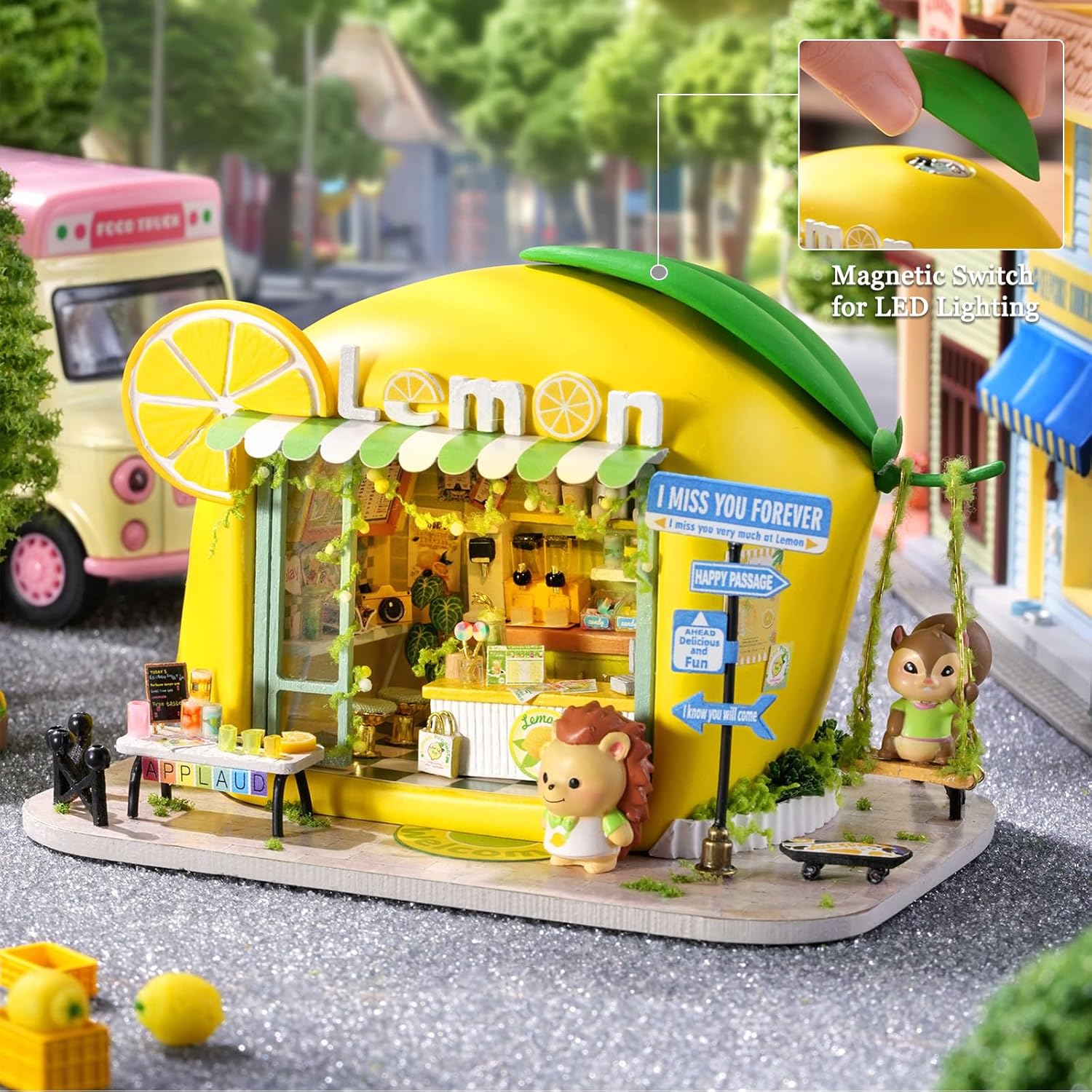 TuKIIE DIY Miniature House Kit with Furniture, 1:100 Scale Creative Room Mini Wooden Dollhouse Book Nook for Kids Teens Adults(Lemon Beverage Shop)