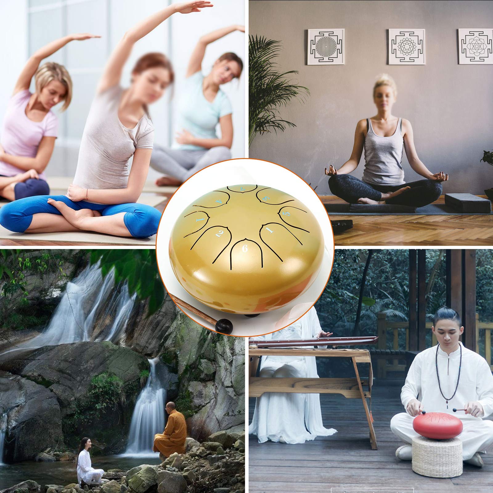 Stalowy bęben dla dzieci Dorośli, 6 cali 8 nut Handpan Zestaw perkusyjny dla początkujących, Instrument perkusyjny Lotus Hand Pan Bęben z torbą, młotki, do muzycznego uzdrawiania umysłu Joga, złoto