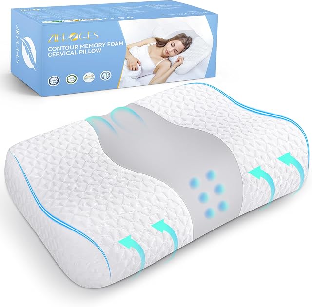 Zibroges Memory Foam Pillow, Neck Pillow Ergonomic Cervical Pillows for Neck and Shoulder Pain, Orthopedic Pillow Support for Side, Back, and Stomach Sleepers - Cooling and Comfort for Restful Sleep