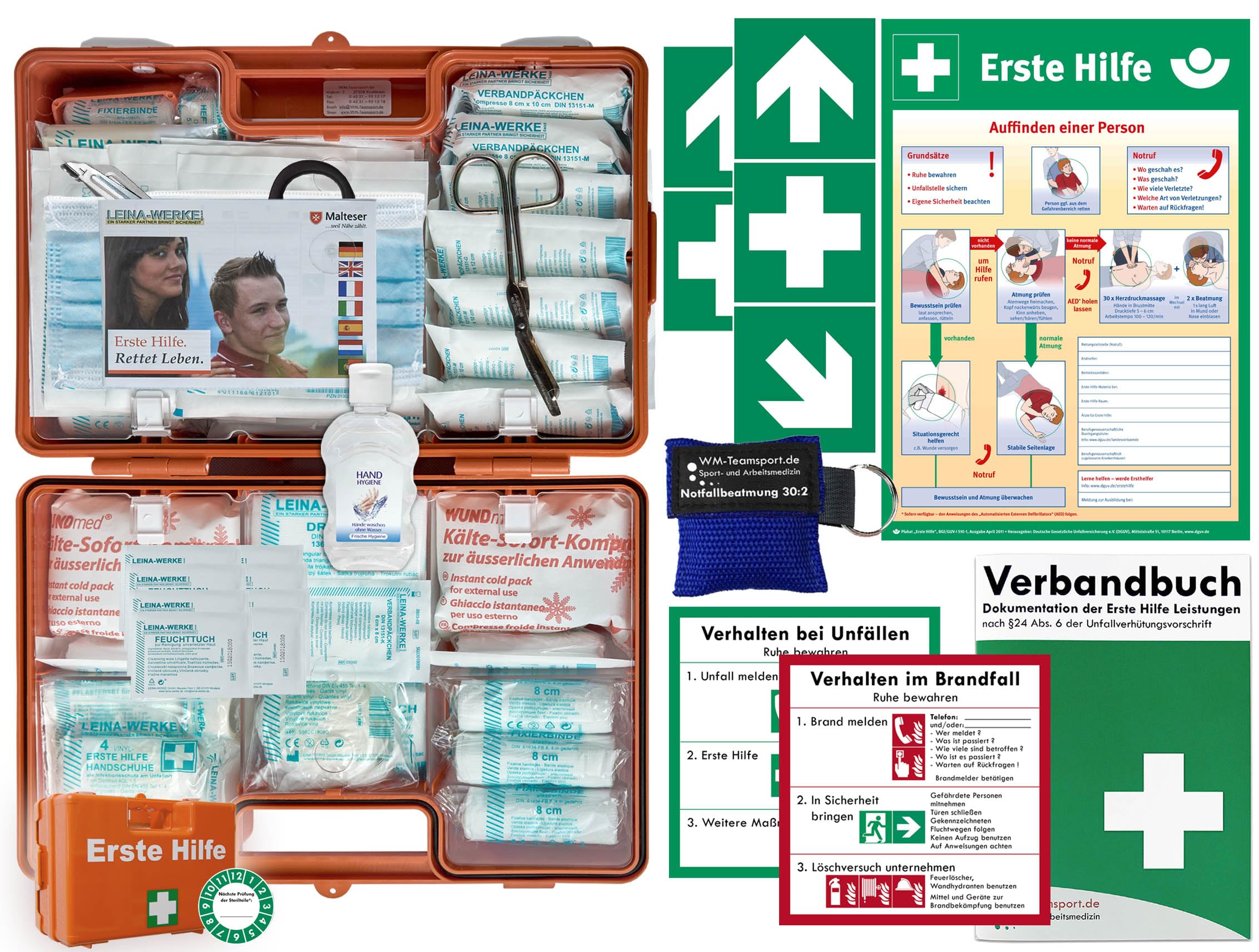 Erste-Hilfe-Koffer M2 PLUS für Betriebe ab 50 Mitarbeiter nach aktueller DIN/EN 13169 -Komplettpaket- incl. AUFKLEBER & AUSHANG & Hygiene-Ausstattung & Verbandbuch