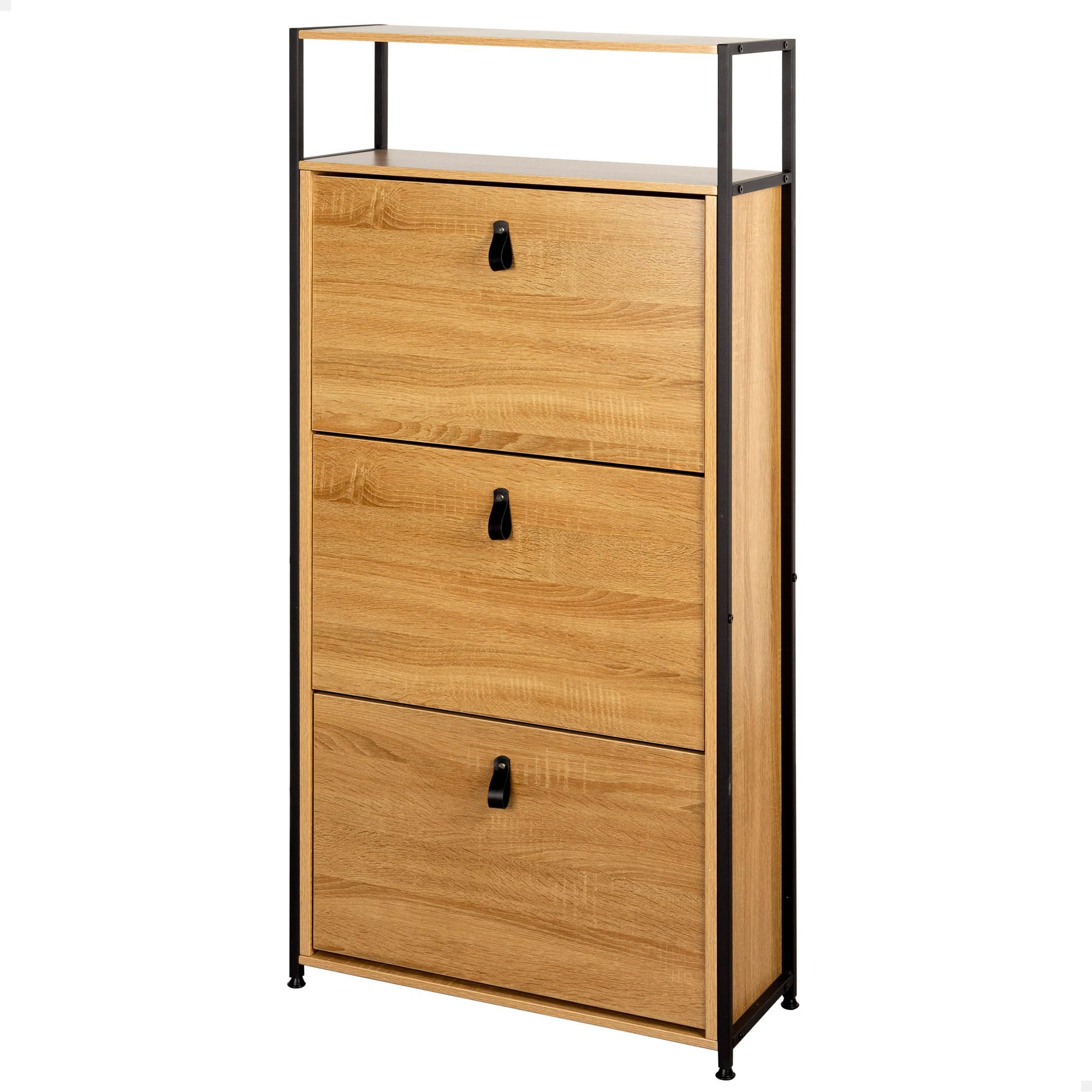 AKTIVE 18429 MAX Home Zapatero Entrada, 60 x 24 x 132 cm, Mueble recibidor, Madera y Acero, 3 cajones abatibles con Tiradores, Baldas Ajustables, Industrial