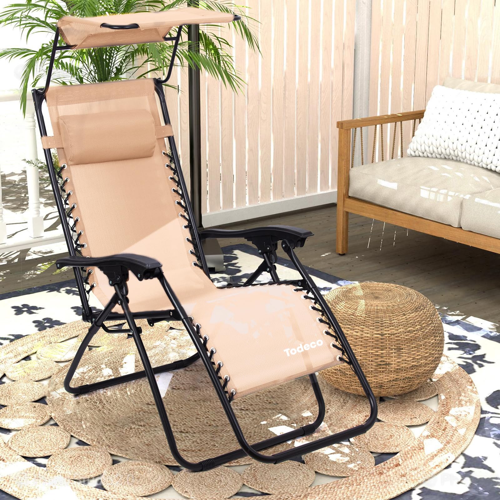 Todeco Tumbona Plegable Jardín con Toldo, Silla Gravedad Cero Reclinable con Respaldo Ajustable para Patio, Camping, Terraza y Piscina, Carga máxima 100kg, Caqui