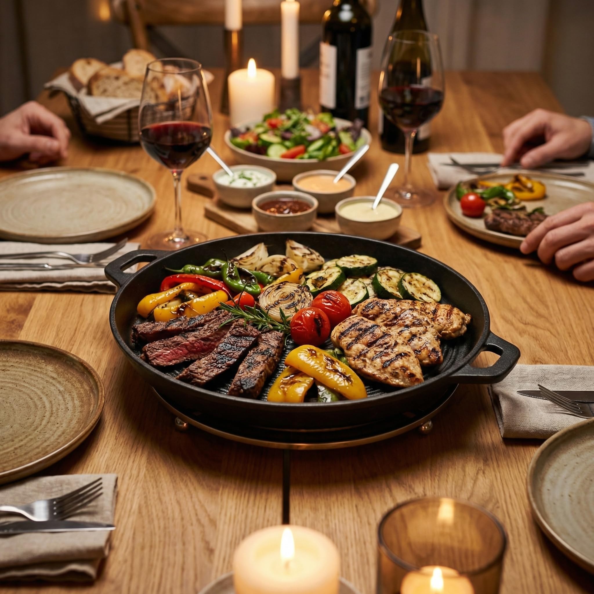 MIJOMA Sartén parrilla de 40,5 cm – para carne, verduras y barbacoas – Hierro fundido con estructura acanalada – Sartén redonda con asas para cocina horno y barbacoa
