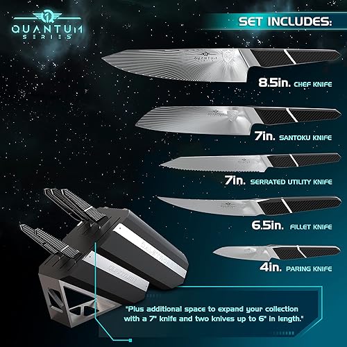 Miniatura 4 de DALSTRONG Juego de bloques de cuchillos  5 piezas  Serie Quantum 1  American Forged BD1N-VX Hyper Steel  Mango híbrido G10 de fibra de carbono