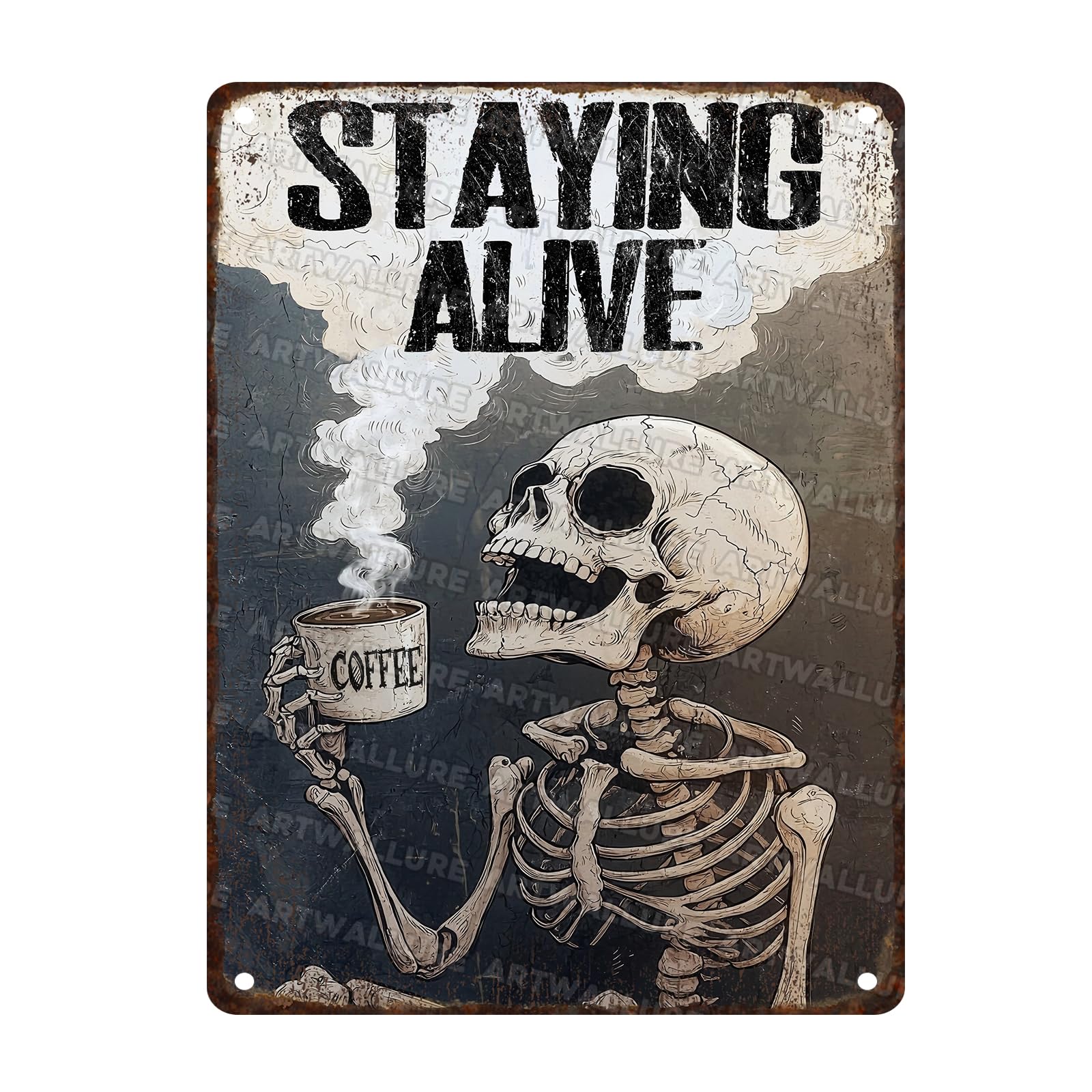 Vintage Skull Coffee Metal Tin Sign Staying Alive Sign for Bar Decor Funny Coffee Home Office Kitchen Decor 12x16inch