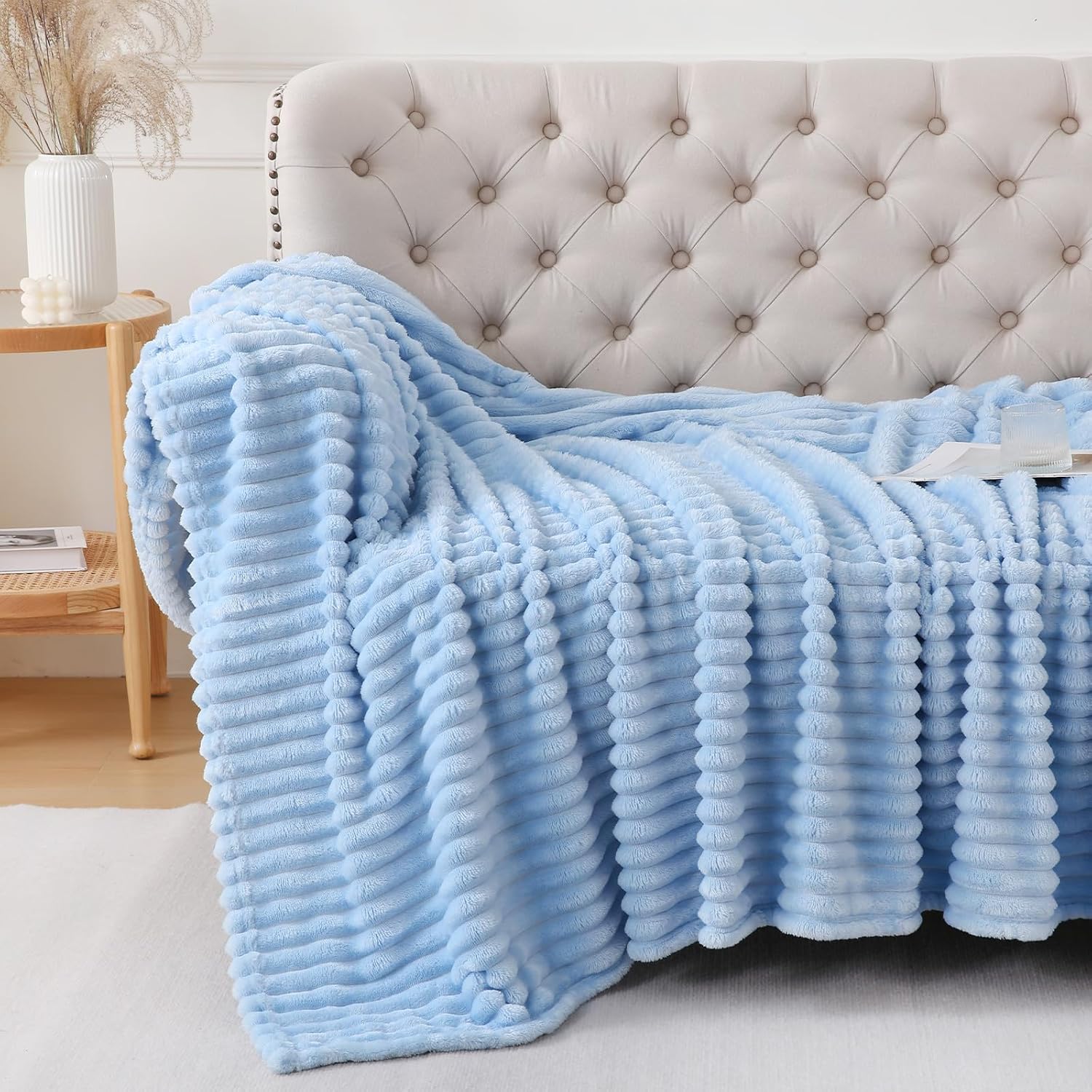 Light Blue Throw Blanket for Couch Sofa 60x80 inches Striped Design | Fleece Blankets Room Home Decor Lightweight Plush Soft Cozy Gifts for Women Mom