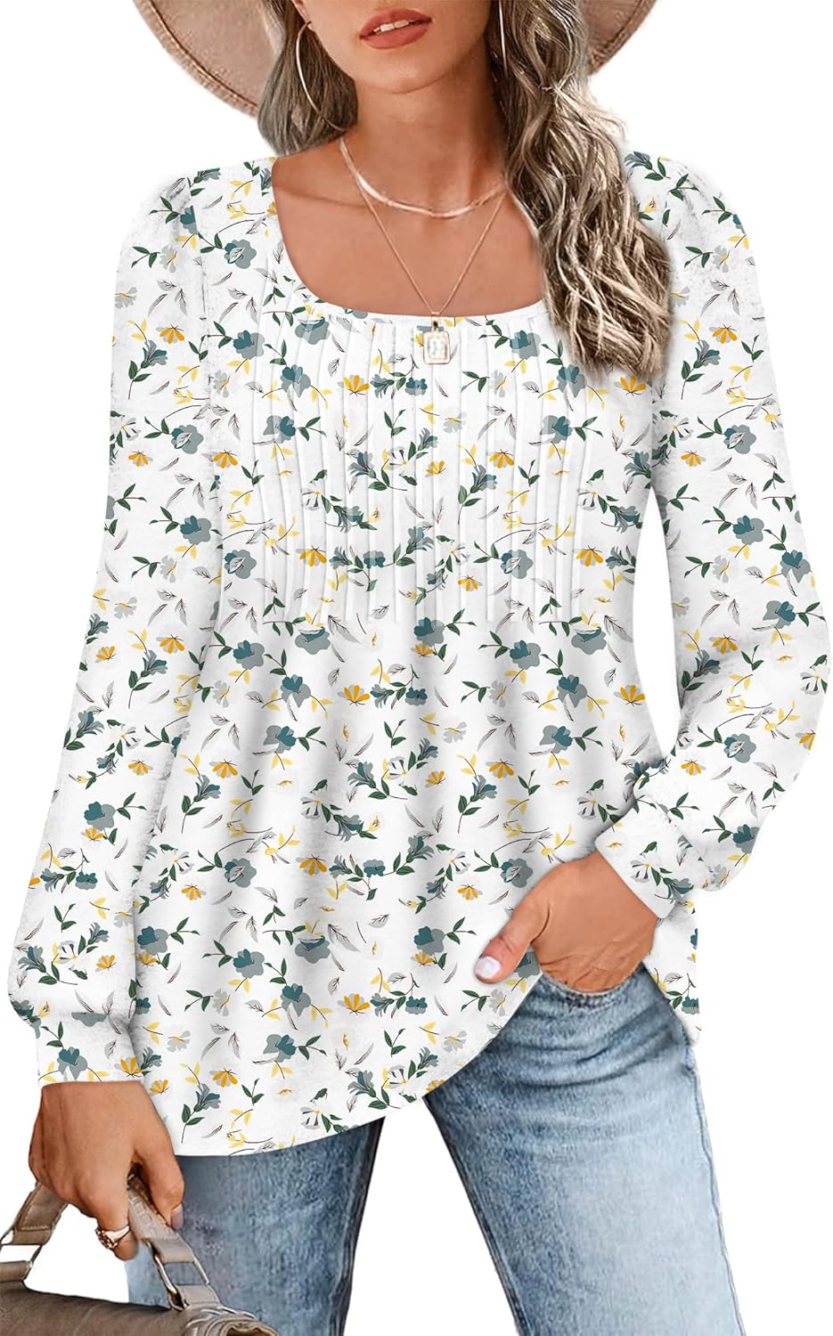 Zwurew Women's Puff Long Sleeve Shirts 2024 Trendy Scoop Neck Loose Fit Blouses Pleated Flowy Tunic Tops S-2XL