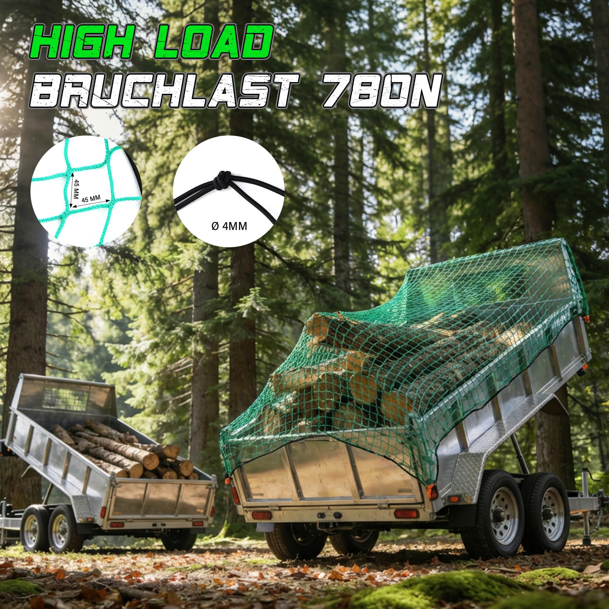 STARLEAPARTS Anhängernetz 1,5x2,2 M, Inkl. 6 Spannhaken, Eckmarkierungen, Verstärktes Gummiseil, 780N, Transportnetz zur Ladungssicherung, PKW Zubehör Gepäcknetz, Grün