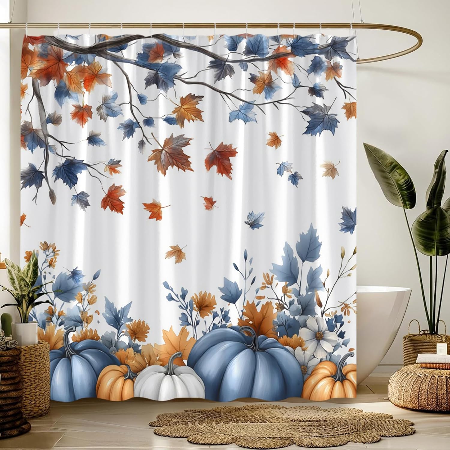 Fall Thanksgiving Shower Curtain Harvest Pumpkins Maple Leaves Watercolor Rustic Bathroom Decor Curtain with Hooks,Blue