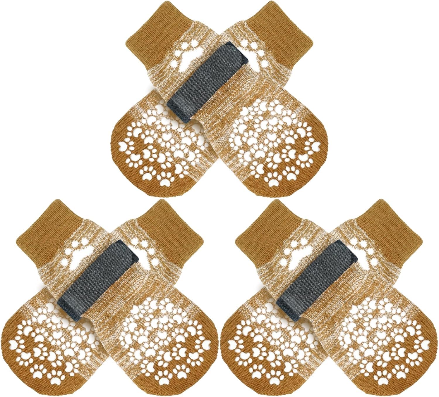 EXPAWLORER 3 Pairs Anti-slip Dog Socks Paws Stop Licking, Dog Paw Protector with Grips Double-sided Strong Traction, Adjustable Boots Shoes for Senior Dogs Hard Floor Indoor Outdoor Walk, Beige 2XS
