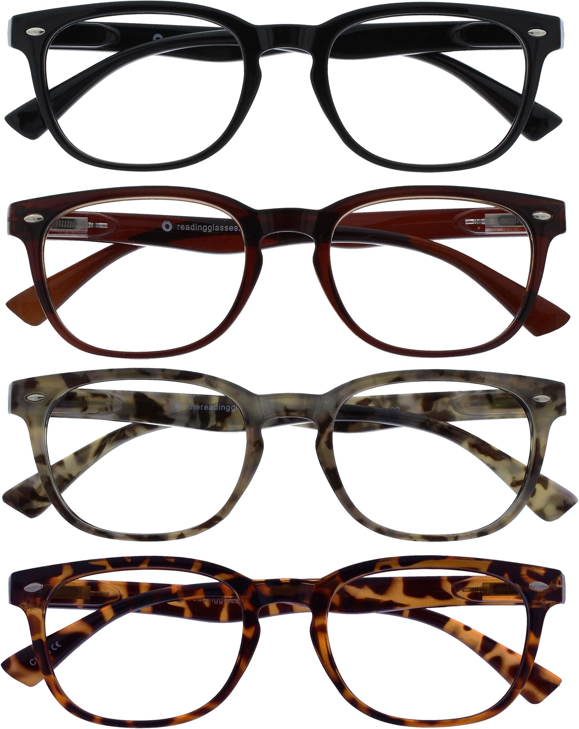 The Reading Glasses Company Black Brown Grey Readers 4 Pack Gregory Peck Style Mens Womens Spring Hinges RRRR14-1272T +2.00