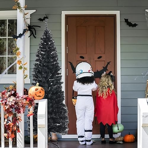 Miniatura 8 de GOFLAME Árbol de Navidad de 6 pies sin luz, árbol de Navidad negro, decoración de Halloween en forma de lápiz, árbol de Halloween con 520 puntas de
