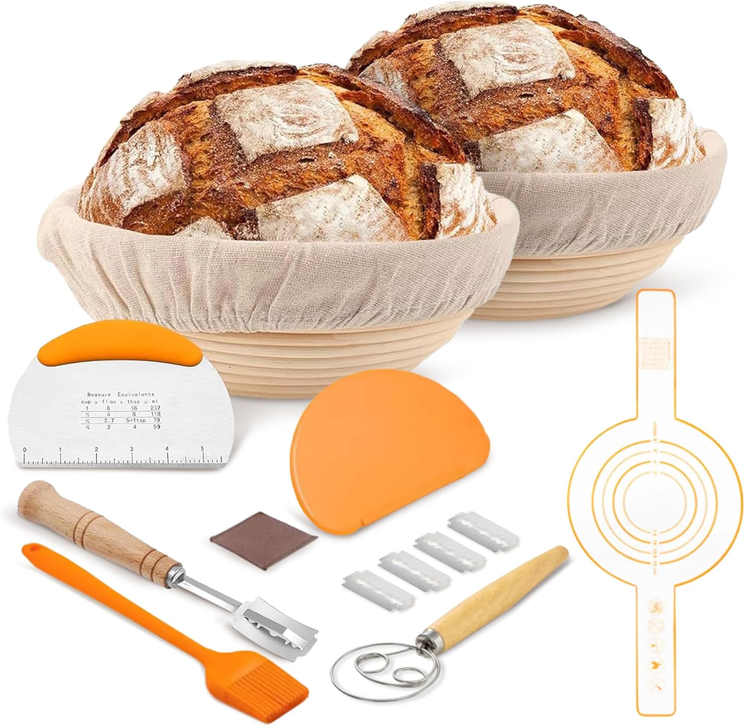 Cheer Collection Bread Proofing Basket Set – Sourdough Bread Baking Supplies with 2 Round Rattan Baskets, Dough Whisk, Scraper & More, Bread Making Tools & Supplies for Home Bakers