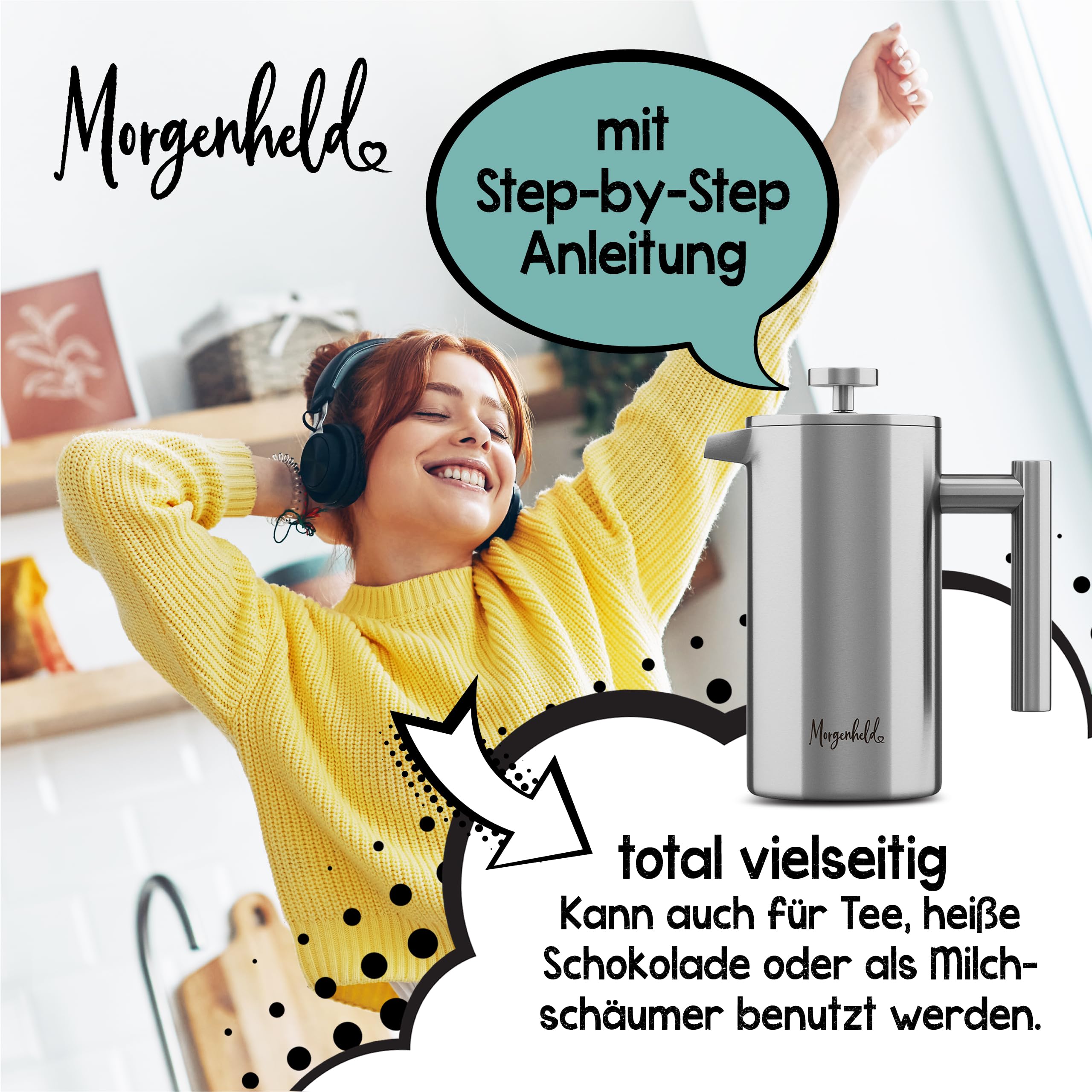Morgenheld French Press Edelstahl 1 Liter – doppelwandig isolierte Stempelkanne mit 3 Ersatzfiltern – hält Kaffee 60+ Min. heiß – Kaffeebereiter für 4–5 Tassen, spülmaschinenfest