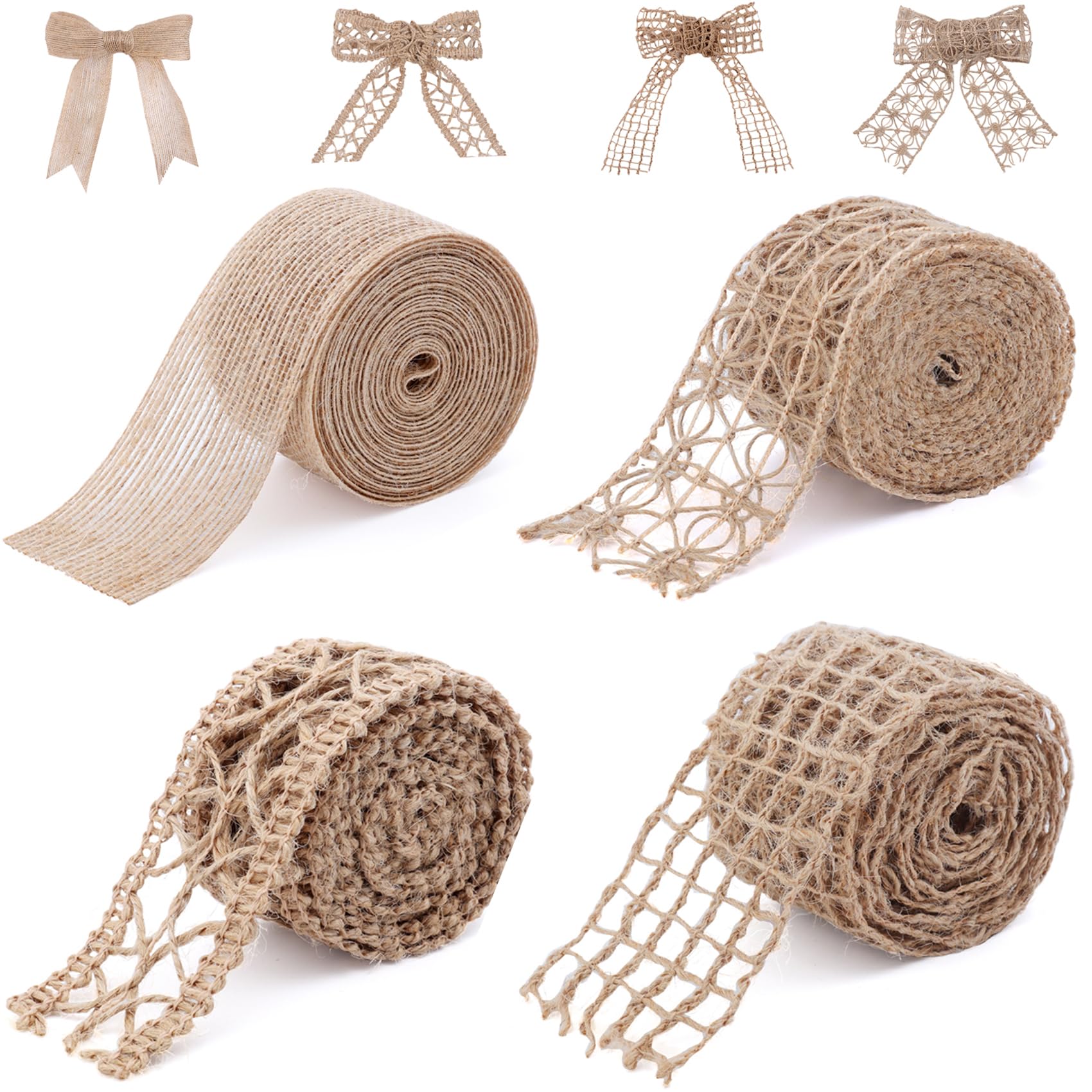 4 Rolls Burlap Ribbon Rustic Jute Mesh Ribbons for Crafts, Craft Ribbon Net Burlap Fabric Ribbon for Gift Wrapping Wedding Tree Wedding Christmas Halloween Decoration (Total Length: 10 Meters)