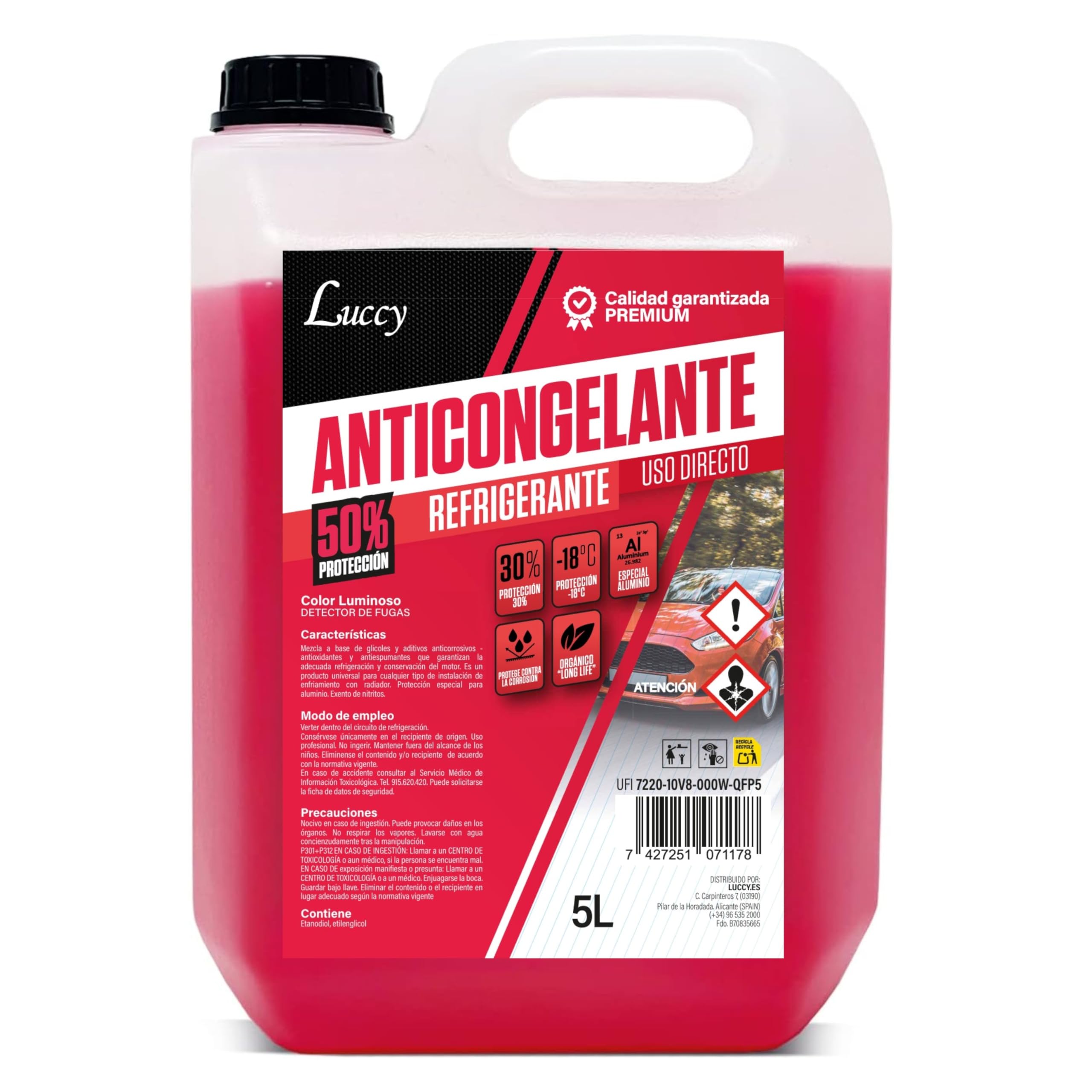 Anticongelante 50% 5 litros Rojo | Coche orgánico G12 Protección -37º | Fórmula Mejorada