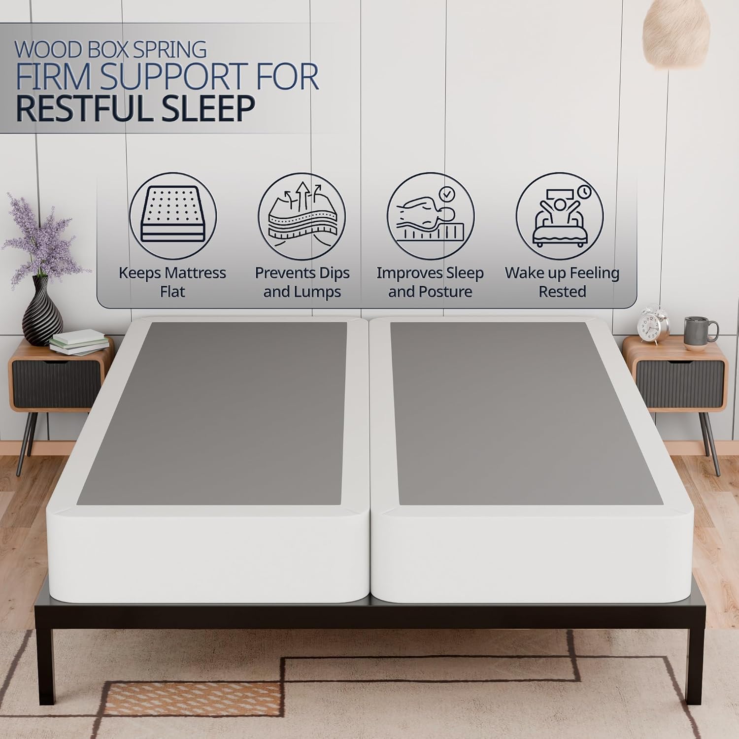 Nutan, 8-Inch Sturdy Wood Box Spring for Mattress Support - Durable and Fully Assembled, Natural Wood Foundation for Queen, White