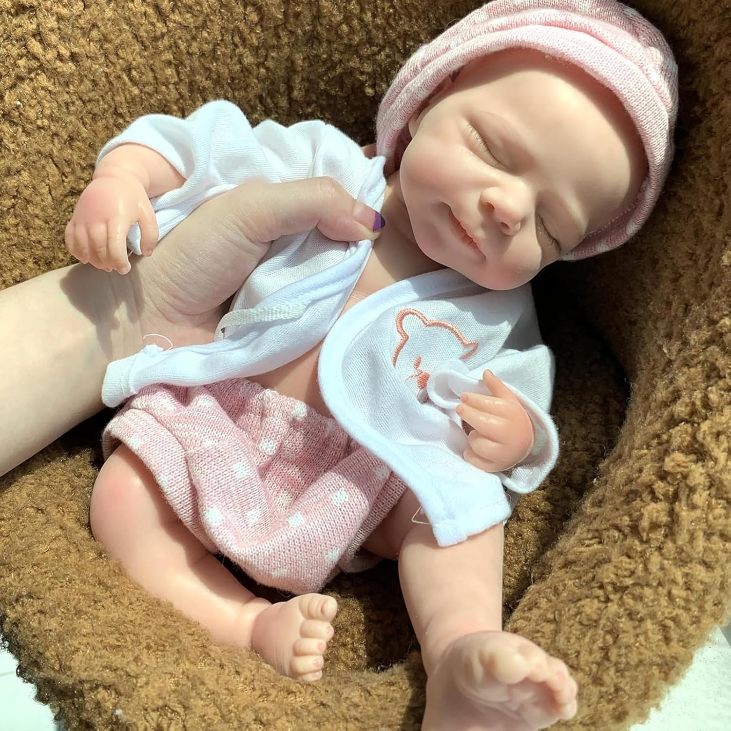 Full Silicone Baby Doll,13 Inch Lifelike Reborn Baby Silicone Full Body Dolls Sleeping Girl Pink Dress