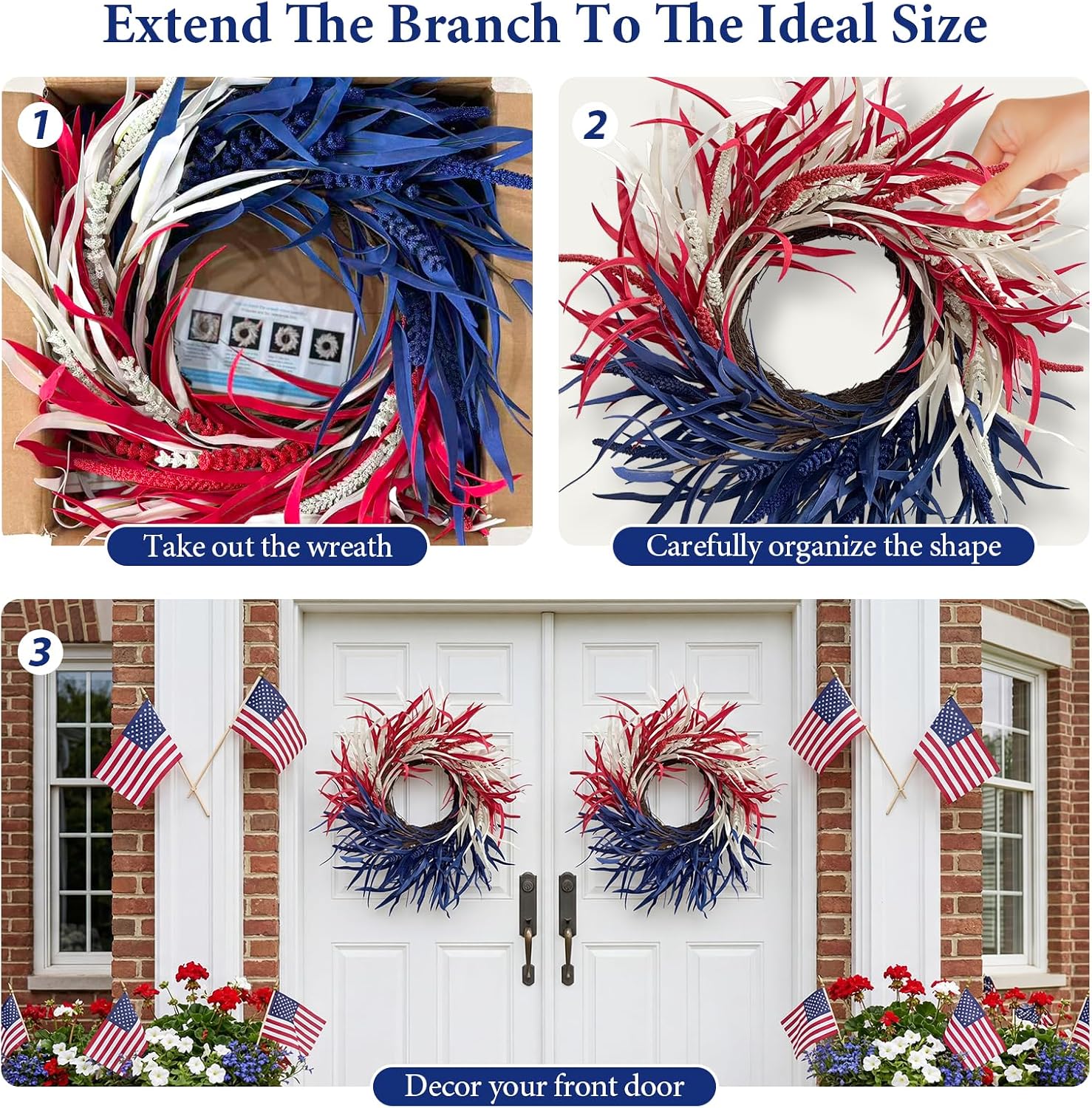 Huashen 26 Inch Patriotic Wreaths for Front Door, 4th of July Wreath Summer Wreath for Independence Day Memorial Day Veterans Day Labor Day Farmhouse Porch Window Door Decor