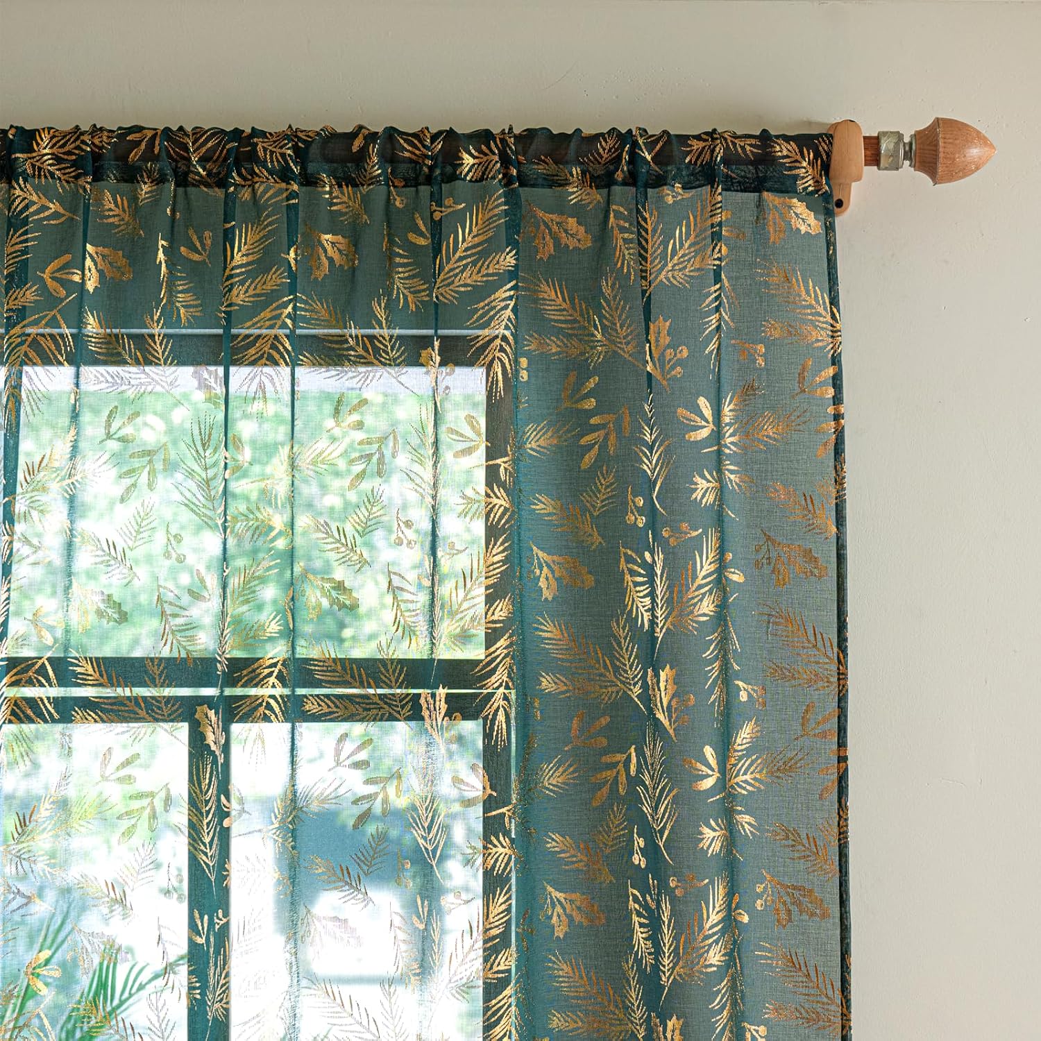 Deeprove Emerald Green Sheer Curtains 84 inches Long 2 Panels for Bedroom Living Room Xmas Decor Gliter Luxury Metallic Gold Foil Leaf Print Golden Window Treatments Pair Set, W52 x L84 Inch