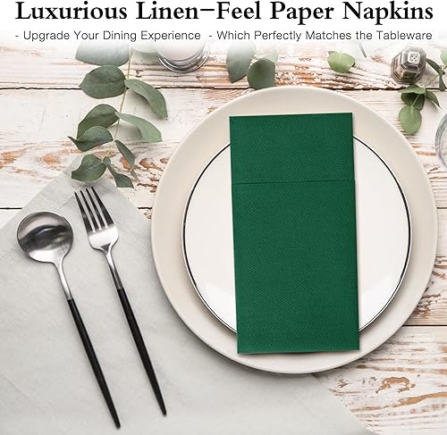 Miniatura 6 de Lylllwly Servilletas de papel verde desechables, servilletas de cena con bolsillo integrado para cubiertos, servilletas de tela, preplegadas para