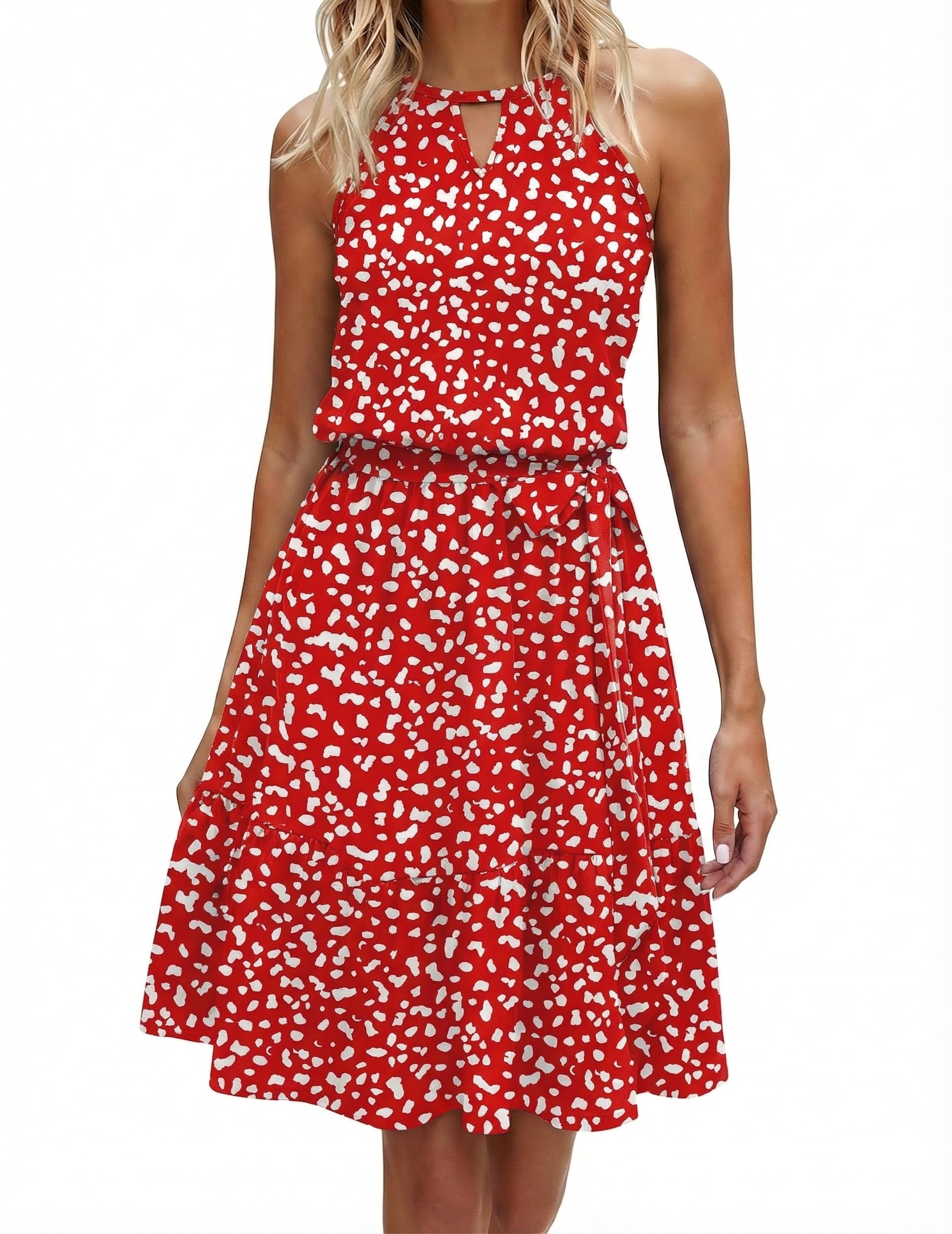 Zeagoo Kleid Damen Sommer Neckholder Kleider Knielang Keyhole Sommerkleid Rüschen Blumenkleid Freizeitkleid mit Taschen
