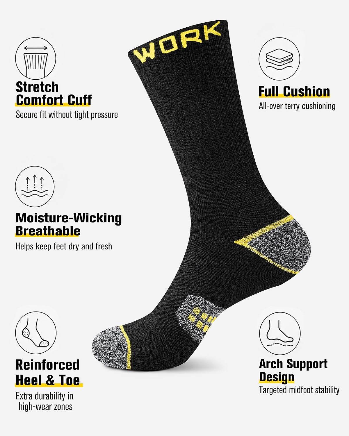 Men's Work Socks, 10 Pairs, Black Crew Length, Full Cushion