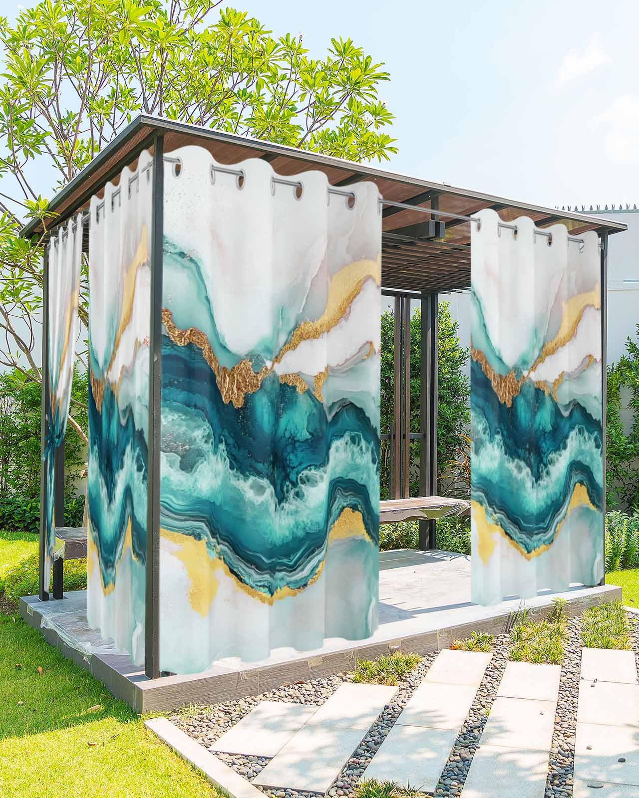 Waterproof Outdoor Curtains for Patio Porch, Ombre Turquoise Marble Texture Grommet Curtain Panel Windproof Outside Curtains Tieback, Abstract Watercolor Wavy Weighted Window Treatment Drapes