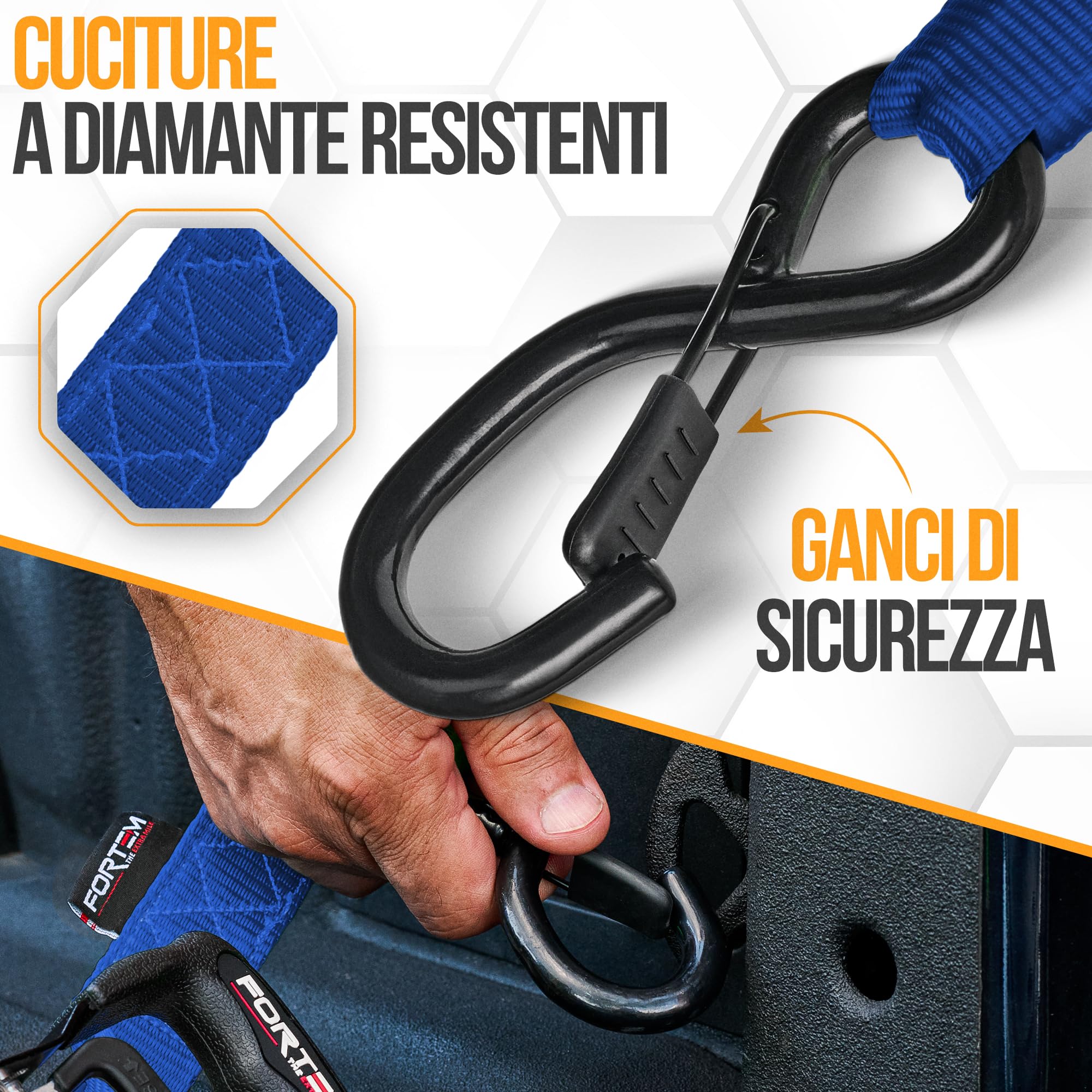 FORTEM Cinghie a Cricchetto, Resistenza fino a 2362 Kg, Set da 4 Cinghie di Fissaggio da 3,05 m, 4 Maniglie Morbide, Cinghie Fissaggio per Moto, Ganci in Metallo Rivestiti, Custodia Inclusa (Blu)