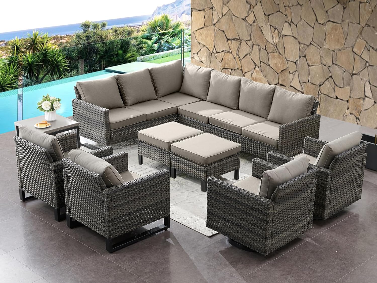 HUMMUH 9 Piece Patio Furniture PE Wicker 6Seater Outdoor
