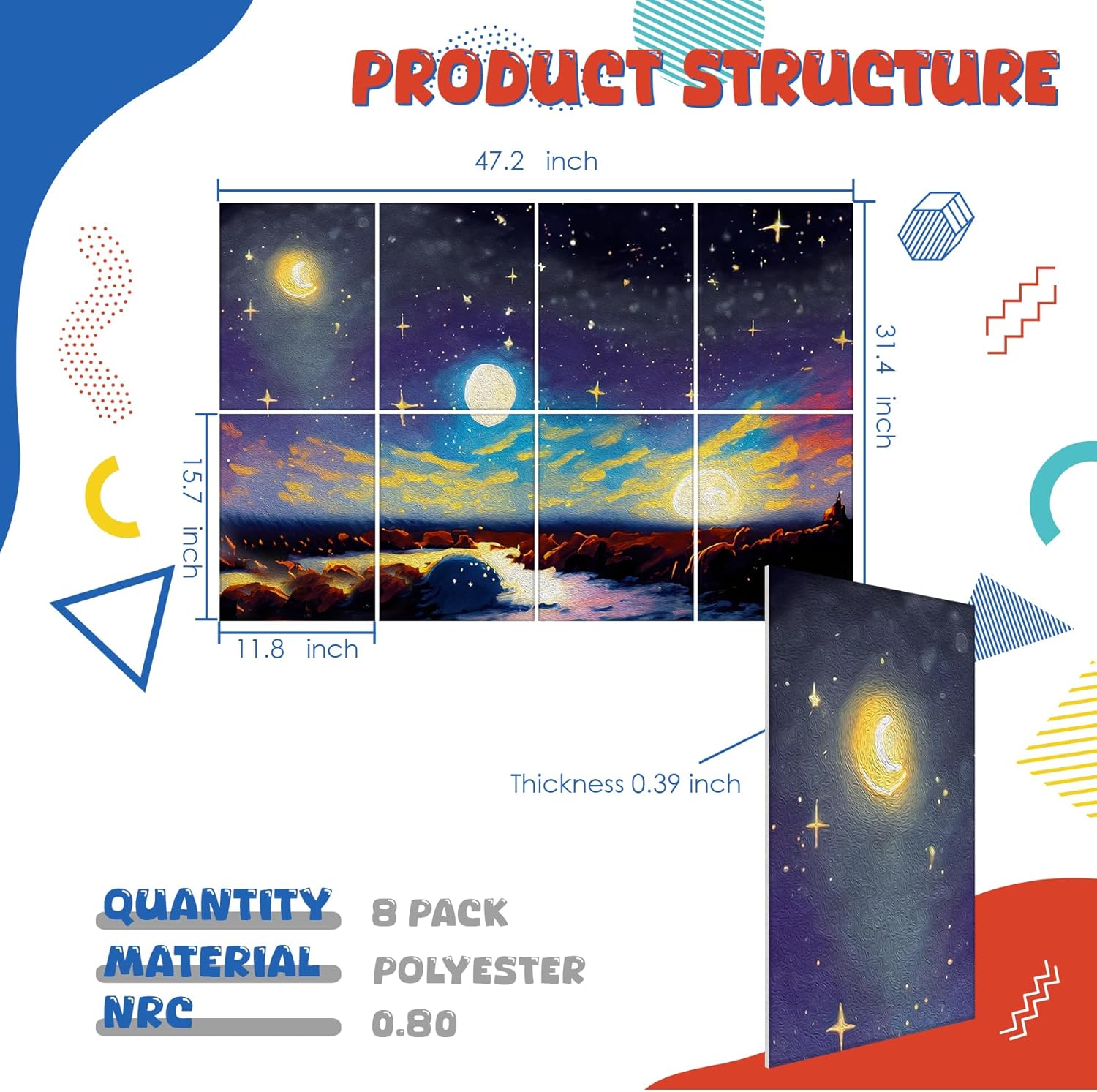 8 pack Art Acoustic Panels with Self-Adhesive,48 x 32Inches Acoustic Wall Art,Better Decorative Sound Proof Panels,Recording Studio/Home/Office Acoustical Treatment,Starry Sky