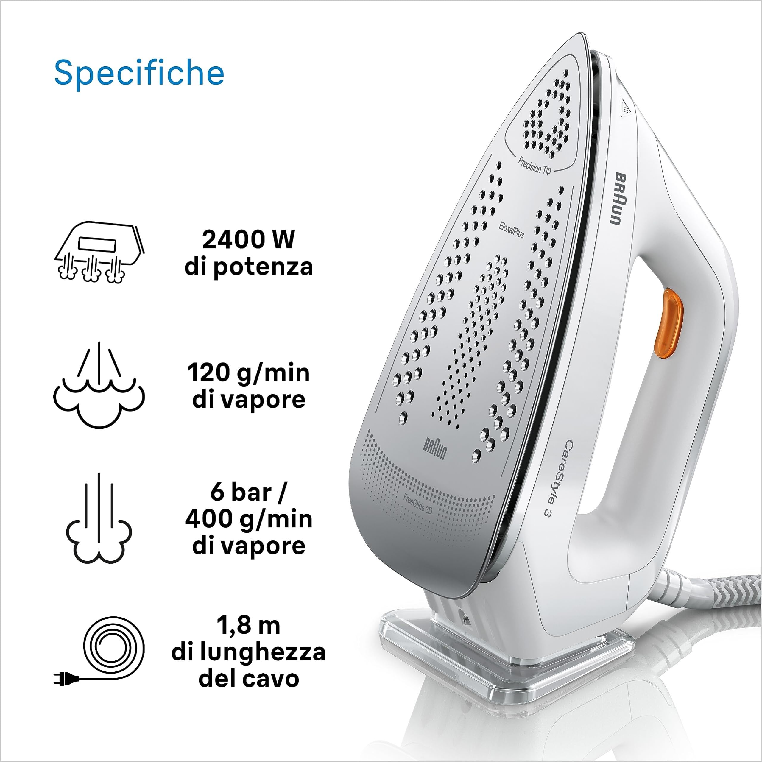 Braun CareStyle 3 – Sistema Stirante a Vapore con Caldaia, Ferro da Stiro con Vapore Potente, Piastra FreeGlide 3D, Serbatoio XL 1,7 L, Funzioni Antigoccia e Verticale, Bianco (IS3132WH)