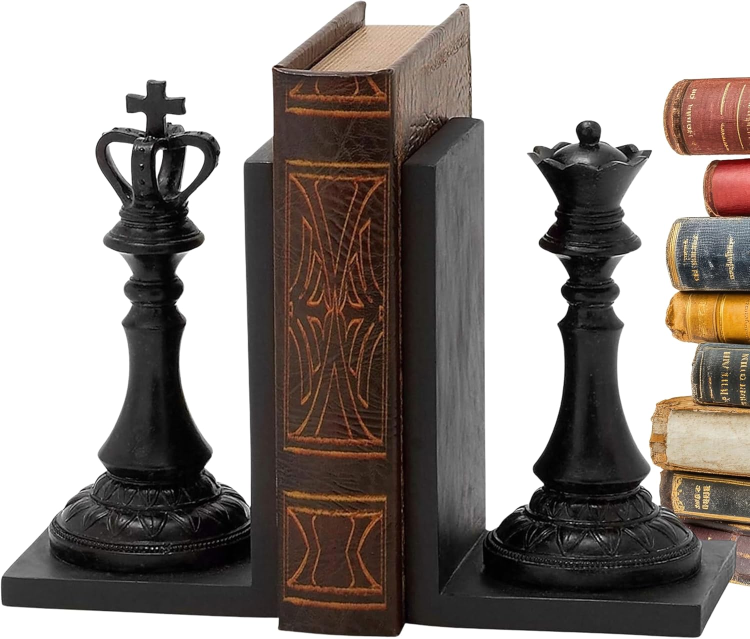 Bellaa 29745 Chess King and Queen Decorative Bookend Royal Exquisite Vintage Retro Book Ends Shelf Organizers Books Stopper Black Statues Sculpture 7 inch