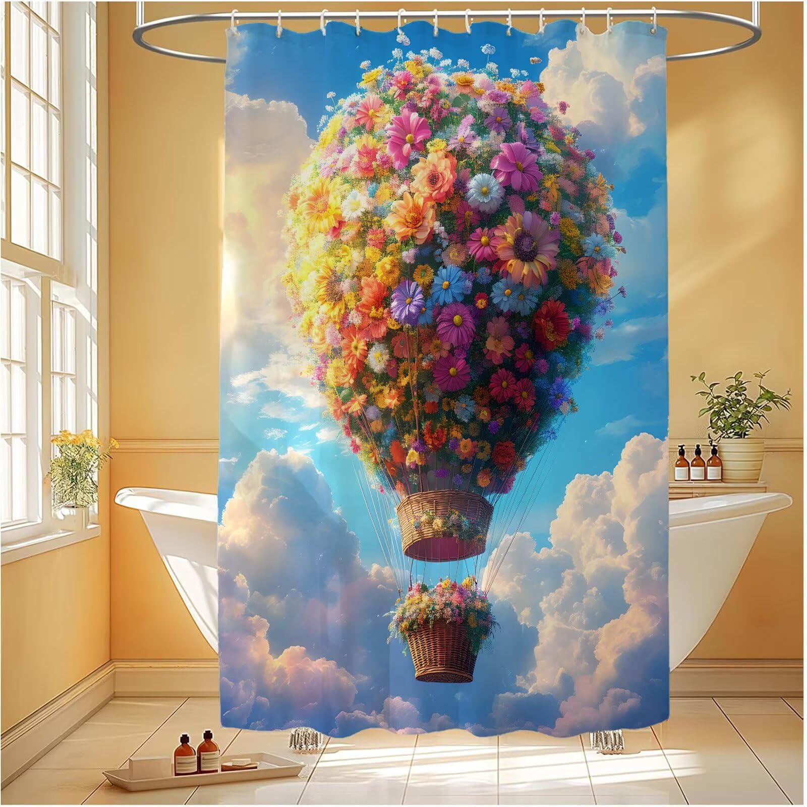 Duschvorhang 180x240 cm Blume Shower Curtains Heißluftballon mit Gewicht und 12 Haken, Anti Schimmel Wasserdicht, Waschbar Schnelltrocknender Polyester Stoff, Dekorative Vorhang für Badewanne 6H-263