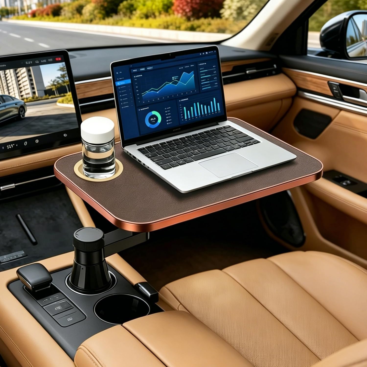 Car Tray & Desk for Laptop, Dual 360° Rotating, Anti-Slip Leather Surface, Steering Wheel Tray, Car Accessories- Compatible with Tesla Model Y/3/S, Ford F150/Explorer/Most Vehicles (Brown)