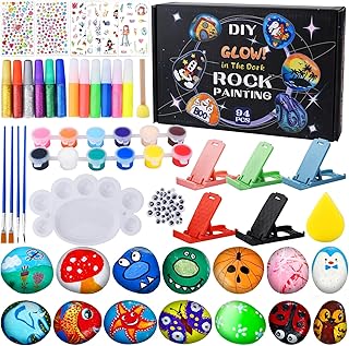 TOSUTO Kit de Peinture sur Pierre pour Enfants,12 Galets à Décore + 2 pierres lumineuses,Kits de Loisirs Créatifs Enfants,Kits de Bricolage avec 24 Peintures et 4 autocollants,pour Enfants de 3+ Ans