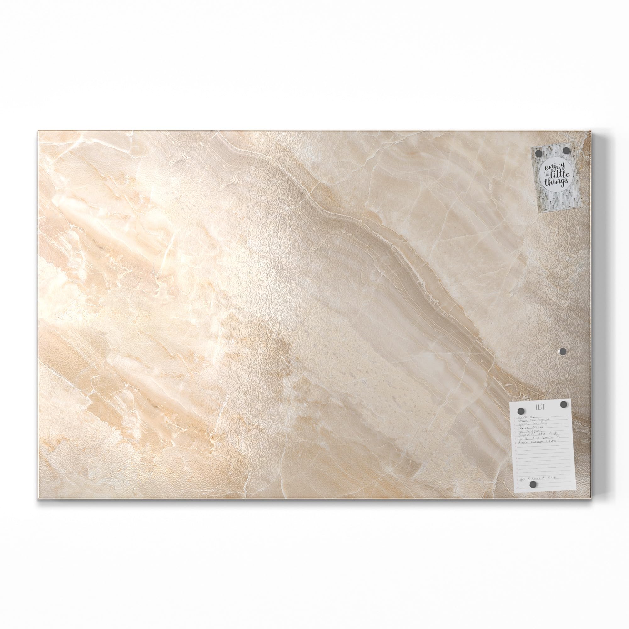 DEQORI Metalowa tablica magnetyczna, wymiary 90 x 60 cm, motyw "Jasna marmurowa powierzchnia", tablica suchościeralna na wszystkie magnesy, tablica magnetyczna do kuchni i biura, designerska tablica