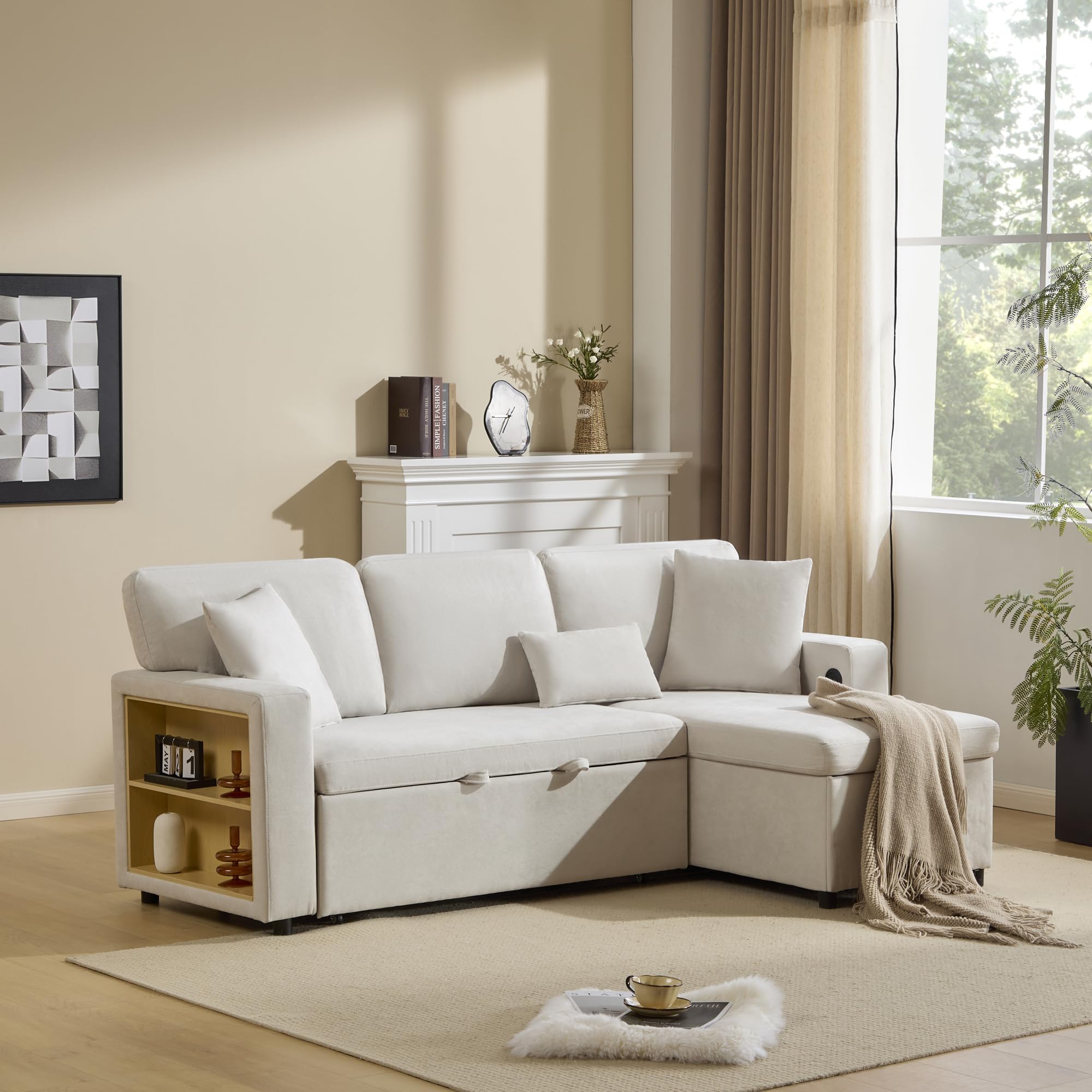 Sofá chaise longue de terciopelo en forma de L con función de cama, sofá chaise longue con espacio de almacenamiento, con soporte para vaso, sofá cama de salón o cama, chaise longue intercambiable a